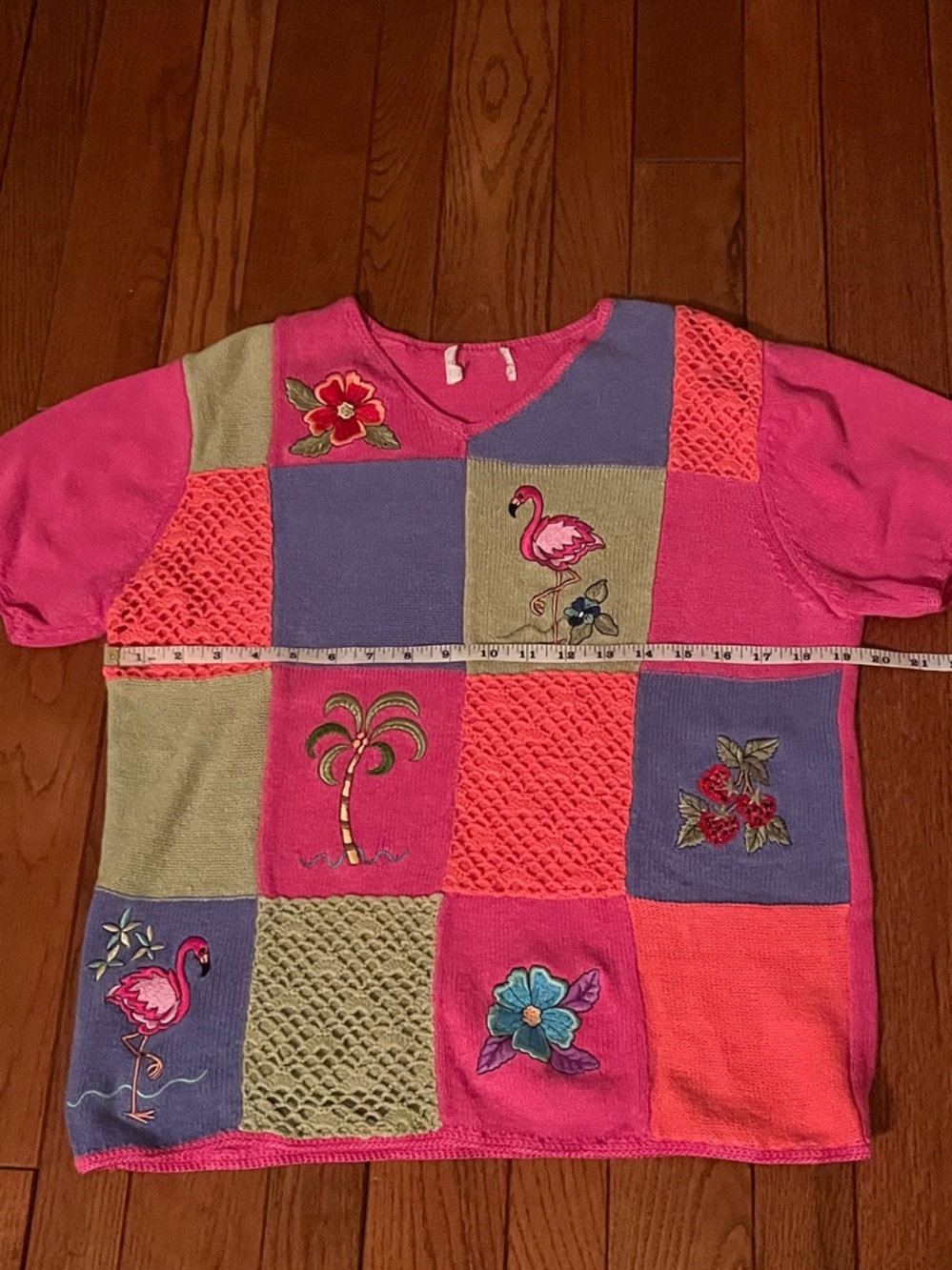 Vintage Tropical Patchwork Embroidered Short Sleeve Sweater M - Picture 5 of 6